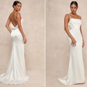 LULU's Bridal Sexy Elegant Sophisticated White Chic Satin Maxi Gown with Train